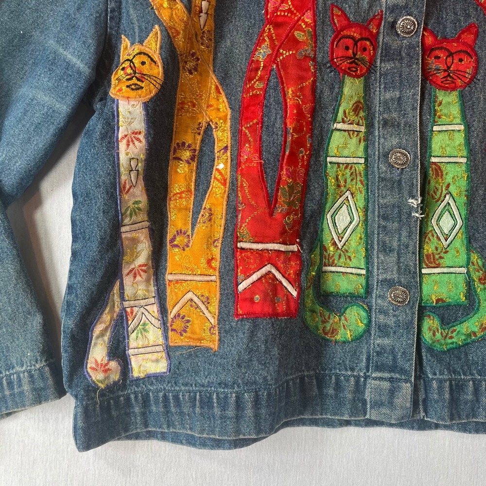 Tantrums Vintage Denim Jacket Women L Cat Patchwork Embroidered Art to Wear - Picture 10 of 16